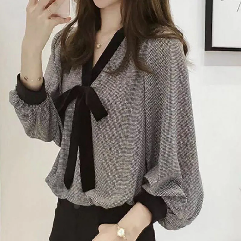 Elegant Fashion V-Neck Bow Ladies Pullovers 2023 Spring Summer Women\'s Clothing Shirt Korean Weave Pattern Long Sleeve Blouses