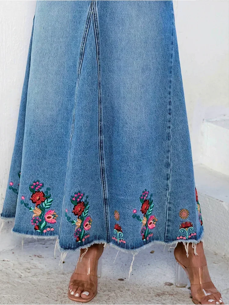 Women\'s Denim Strap Dress Embroidery Floral Vintage Casual Back Split Pocket A-line Blue Basic Autumn Female Chic Long Dresses