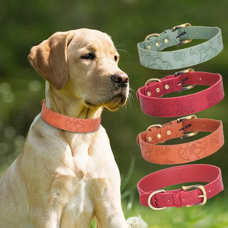 Heavy Duty Embossed Leather Dog Collar, Adjust Pet Necklace,Padded No-Pull Training Collar with Soft Lining for Large Breed Dogs