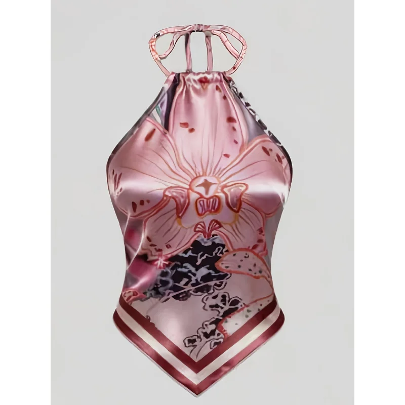 French Floral Print Neck Sling Female, Scarf Hem Design Vest, Niche Spice Style Outside Wear with Thin Top Inside