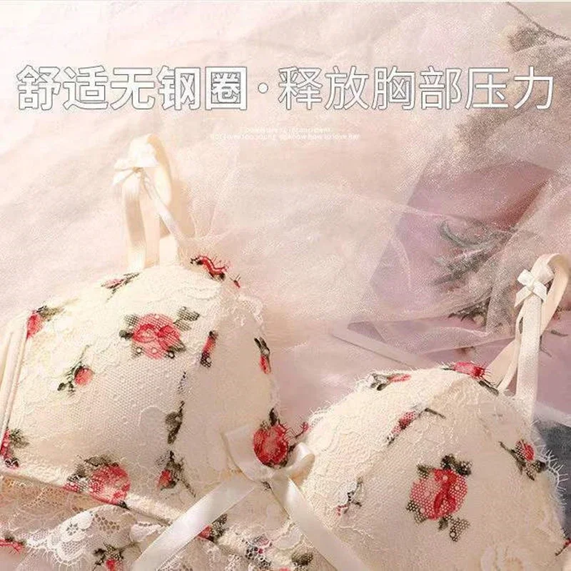 French Sexy Lace Bra Set Girls Floral Seamless Underwear Female Small Breasts Push Up Lingerie Comfortable Anti-sagging Bras