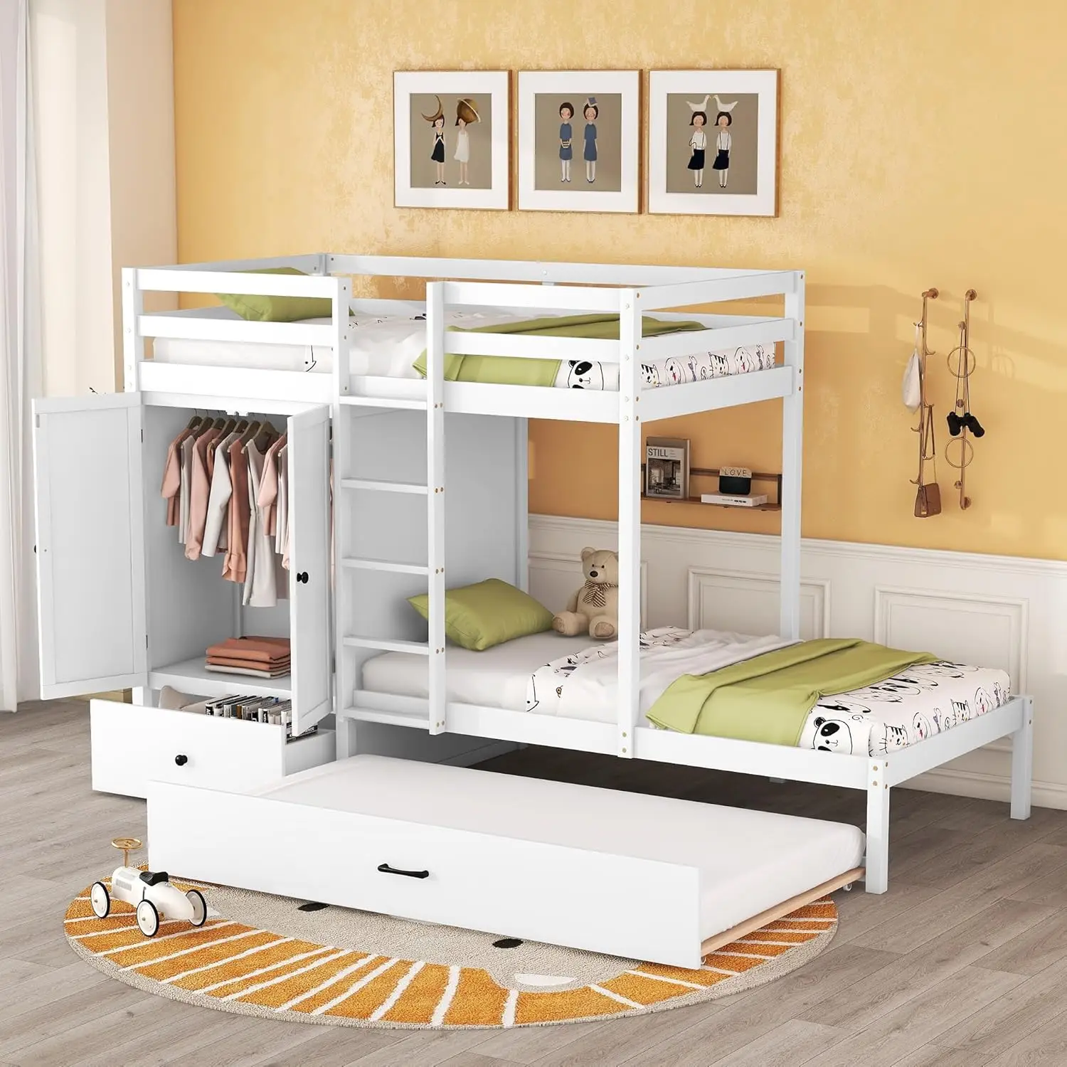 

Harper & Bright Designs Twin Over Twin Bunk Bed with Wardrobe, Wooden Bunk Bed Frame with Drawers and Shelves, White