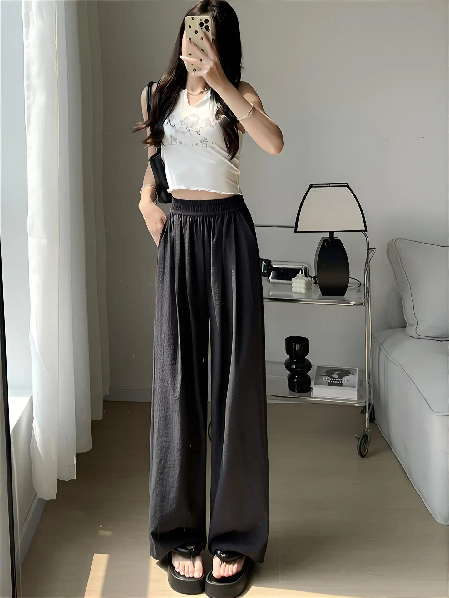 Wide Leg Pants High Quality Womens Spring Chiffon Pleated Leisure Hipster Femininas Lightweight Breathable Detail Aesthetics Ins