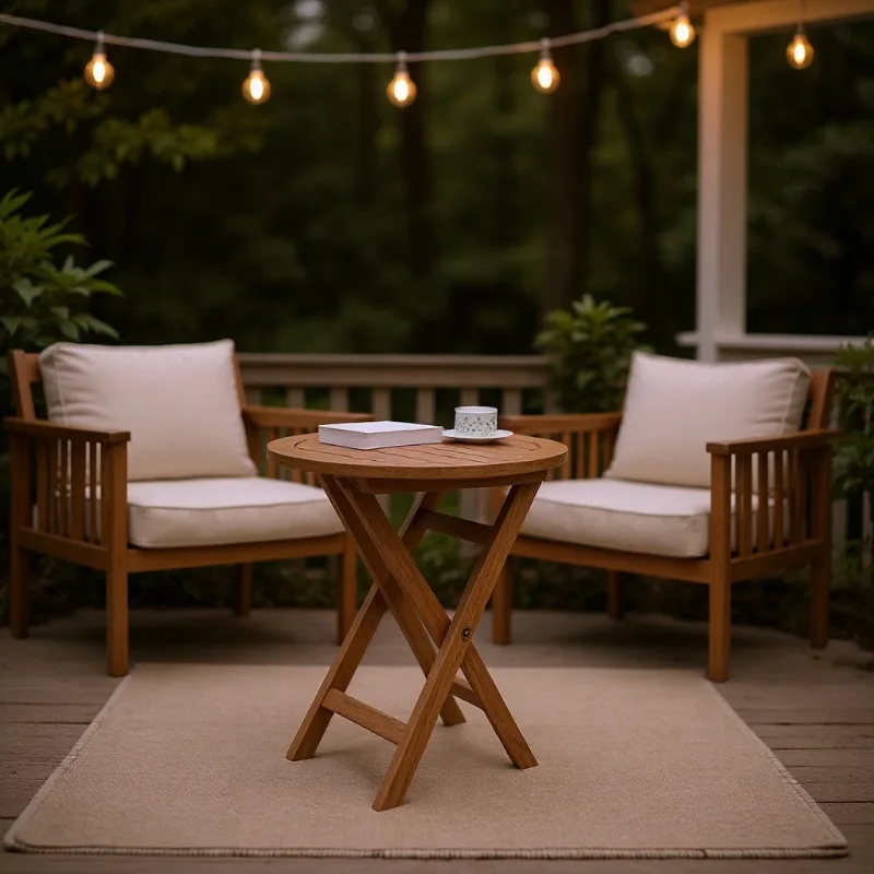 

Foldable round table solid wood balcony teak retro coffee and chairs