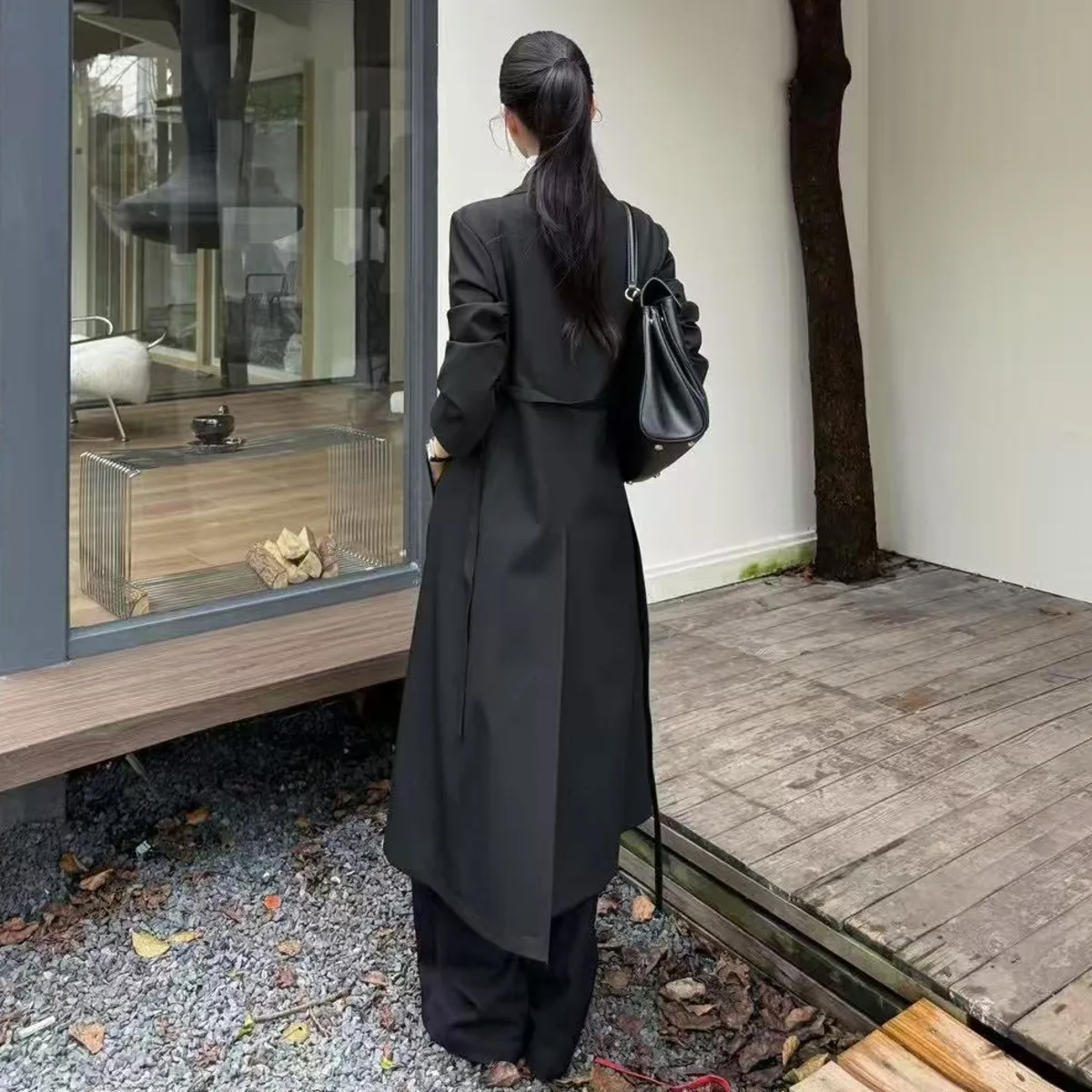 BJTZ Cappotto da donna di moda di media lunghezza 2025 Primavera Autunno Nuova giacca da donna da ufficio con temperamento in tinta unita con lacci e vita dentellata