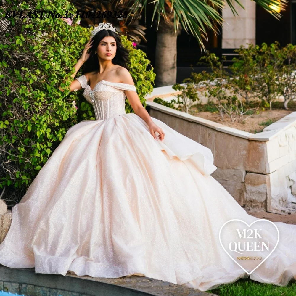 

EVLAST индивидуальное платье Quinceanera цвета шампанского, бальное платье с блестящей аппликацией и бисером, многоуровневый корсет Sweet 16, Vestidos De 15 Anos E3Q05