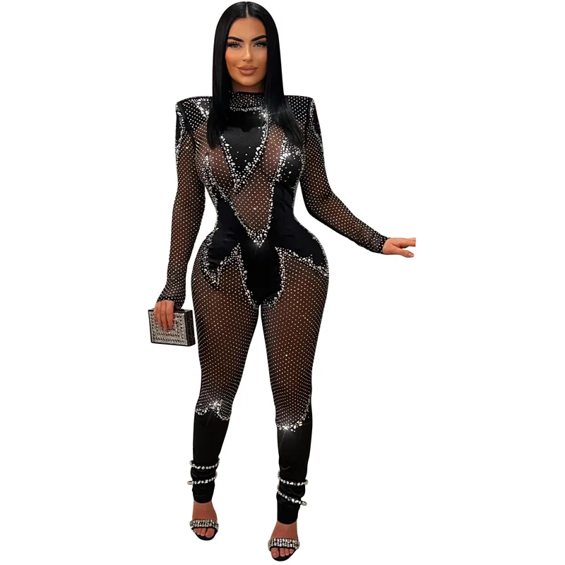 New 2024 Women Long Sleeve Black See Through Mesh Skinny Jumpsuit Rhinestone High Neck Sexy Night Club Party Jumpsuits Rompers