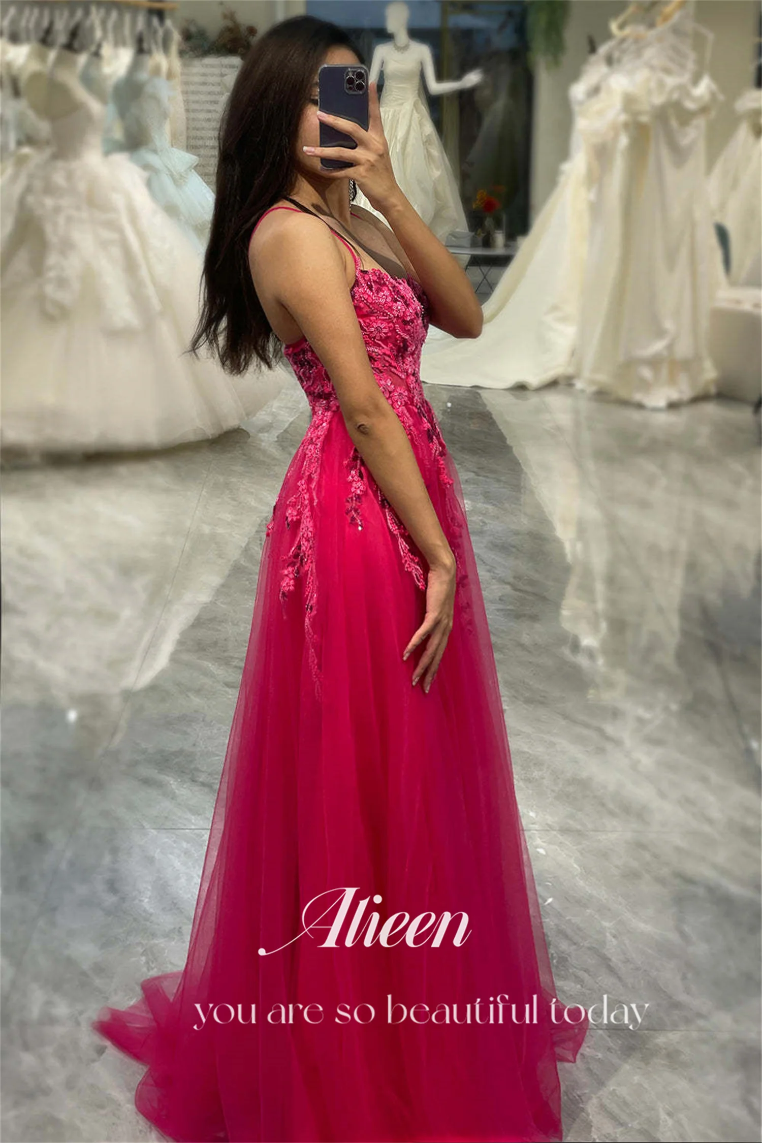 Aileen Perlen Rose rot A-Linie glänzende Spaghetti träger Brautjungfer Kleid Frau Abendkleid Kleider zum Verkauf Ausverkauf