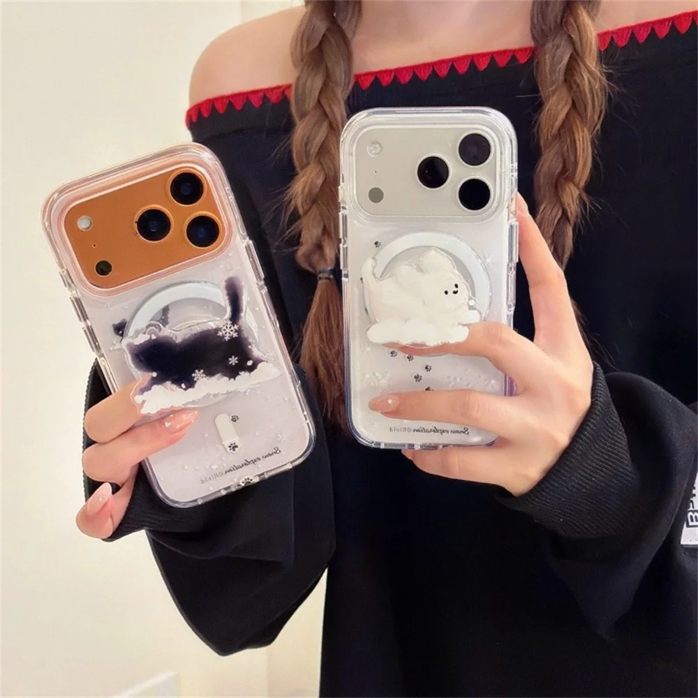 

Kawaii Snowfield Happy Cat Magnetic Phone Case For iPhone 17 Pro 16 15 14 Pro Max Back Cover with Stand For Magsafe Cartoon Case
