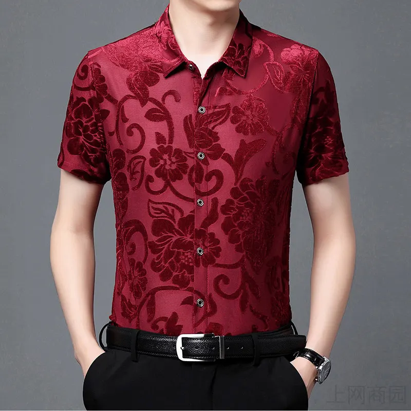 

Burgundy Velour Stretch Clothes Dance Transparent Shirts For Mens Black Sexy See Through Blouses Large Size Mesh Elastic Shirts
