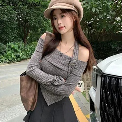 Y2K Knitted T Shirt Women Halter Long Sleeve Slim Slash Neck Irregular Crop Top Vintage Casual Versatile Designed Grunge Clothes