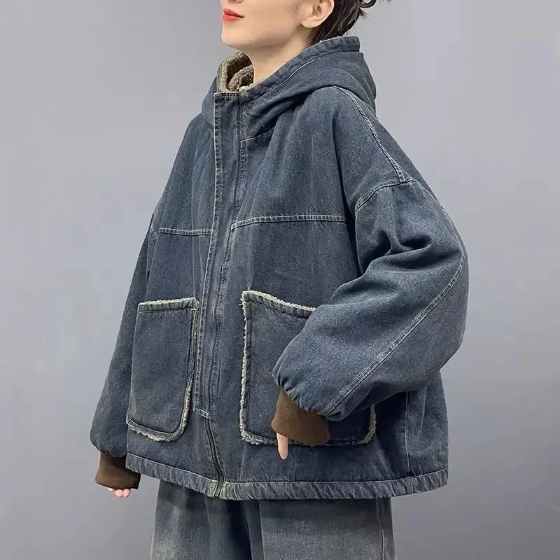 

2024 Winter Fashion Casual Denim Jacket Women Warm Vintage Ladies Hooded Thick Granular Fleece Jeans Coat Loose Outerwear WERQ