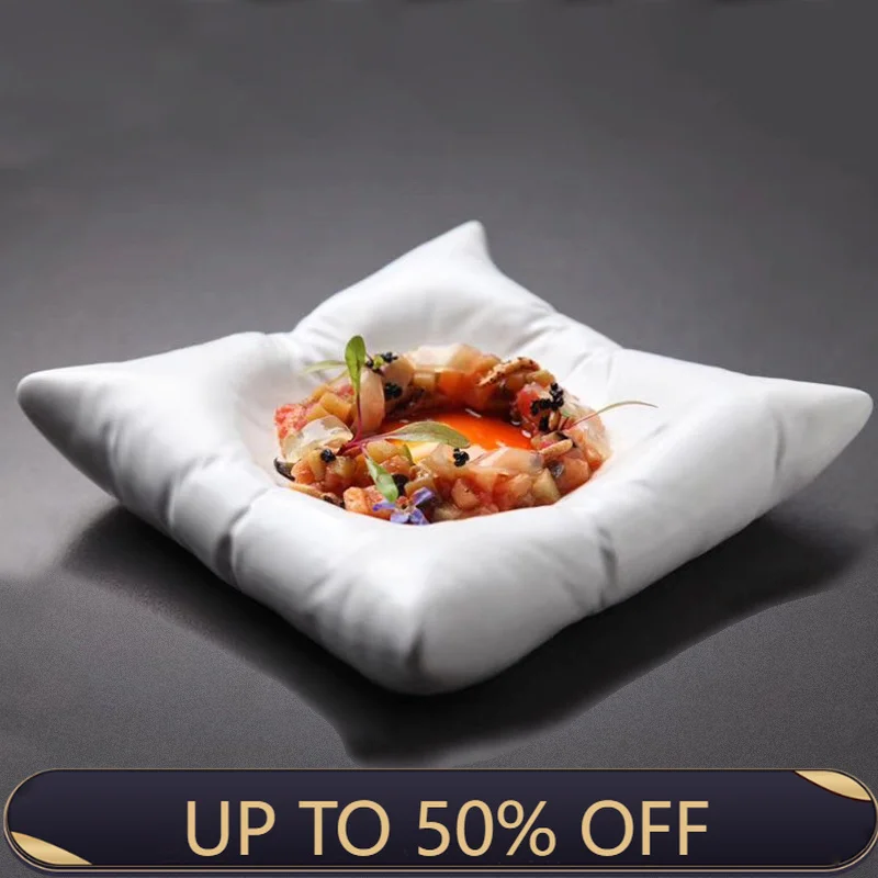 Creative Ceramic Imitation Pillow Dinner Plate Cuisine Square Plate White Black Dessert Plate Artistic Conception Tableware