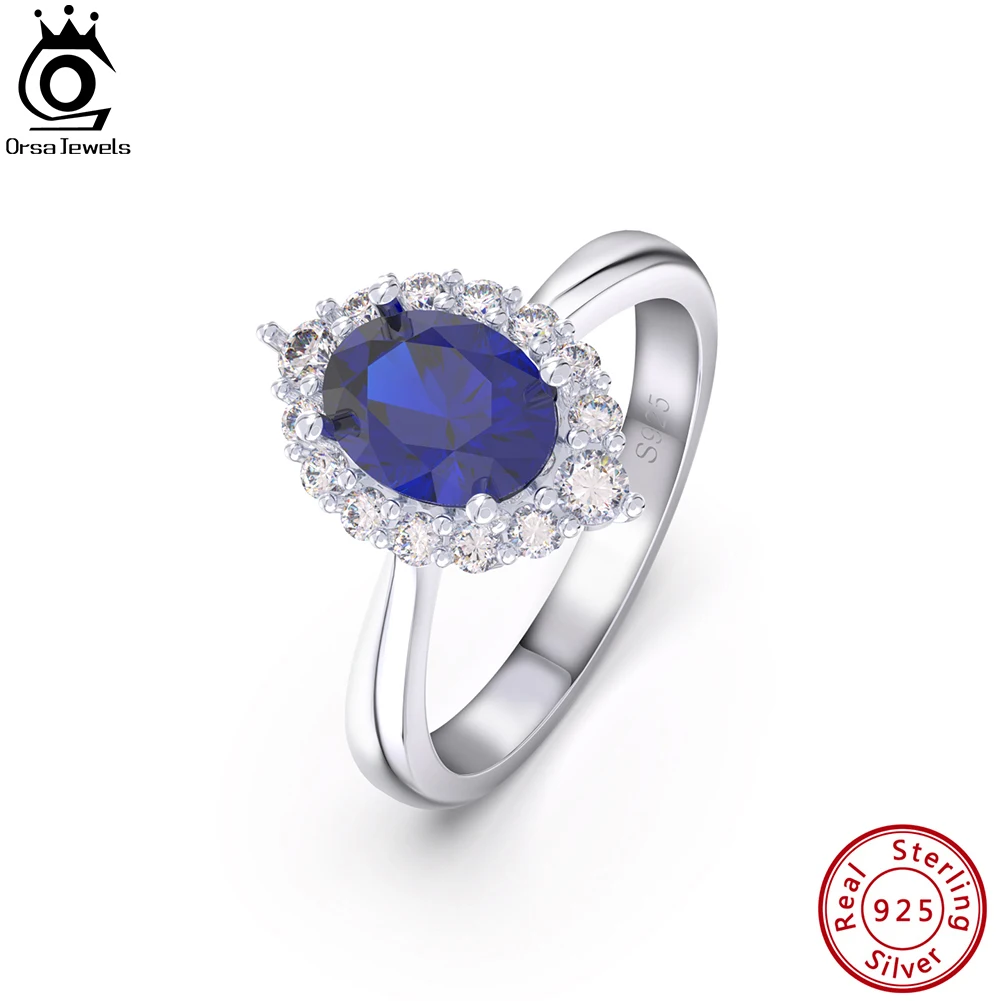 

ORSA JEWELS Shiny 925 Sterling Silver 6*8mm Created Sapphire Rings AAAA Zircon Finger Ring Anniversary Jewelry for Women LZR09