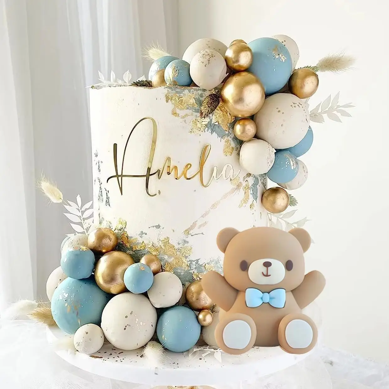 31/1Pcs Blue Bear Cake Toppers Balls White Gold We Can Barely Wait Bear Cake Decorations Jungle Birthday Wedding Cupcake Topper