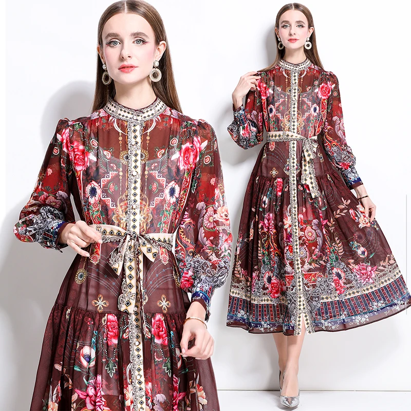 2025 New Spring Summer Women Print Flower Stand Collar Long Single Breasted Lace Up Bow Boho Party Holiday Dresses