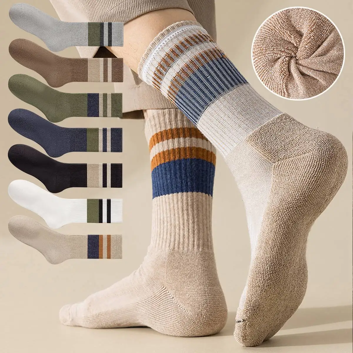 4 Pairs Of Men's Vintage Striped Crew Socks, Thermal Breathable Comfy Socks For Men's Wearing, Autumn & Winter