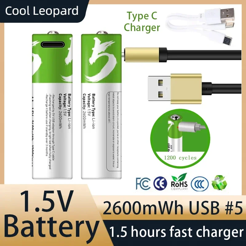 

1.5V 2600mWh Lithium Battery AA Rechargeable Batteries For Remote Control Toy Watch MP3 Player Li-ion Battery USB Type+C Charger