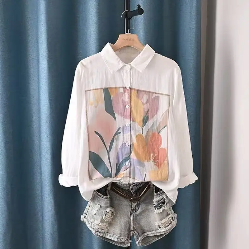 Mori Girl Vintage Chinese Style Watercolor Splash Printing Double-layer Cotton Yarn Shirts Women Spring Long Sleeve Blouse Tops