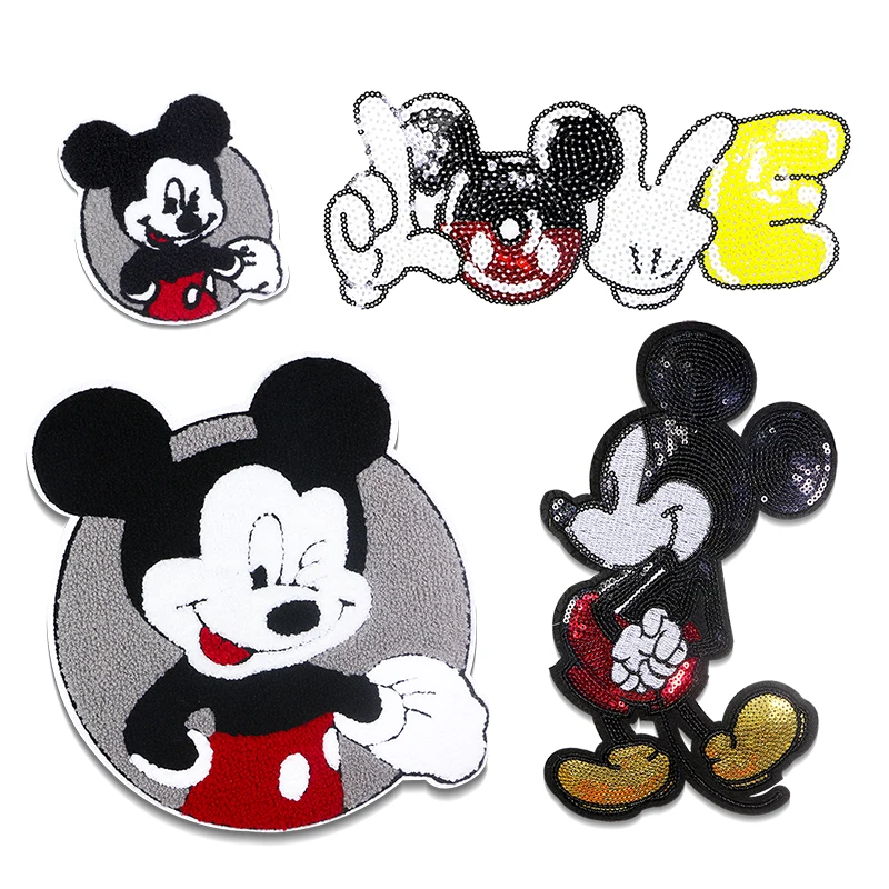 Disney Mickey Mouse Love Shiny Chenille Icon Towel Embroidery Applique Patches For Clothing DIY Sew up Patch on the stickers