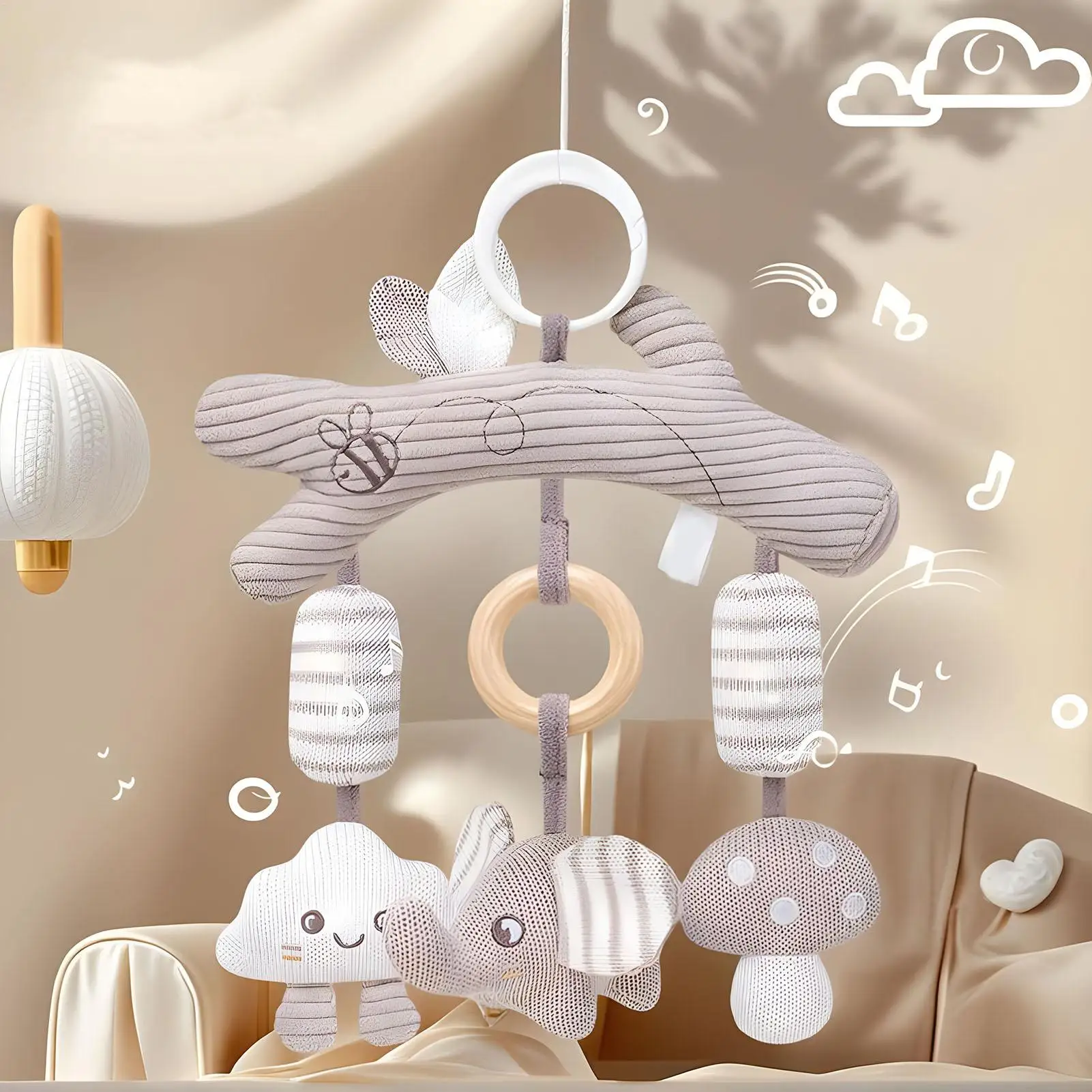 カーシートおもちゃ、ベビーカーおもちゃ、吊り下げ式ウィンドチャイム、男の子と女の子のための学習アクティビティ、ベビーベッド、屋外公園、旅行、休暇