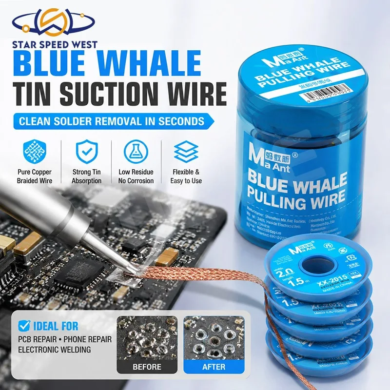 MaAnt XX-2015 Blue Whale Desoldering Wick 2mm Width 1.5m Length Strong Solder Suction Low Residue for Phone PCB Repair Tools