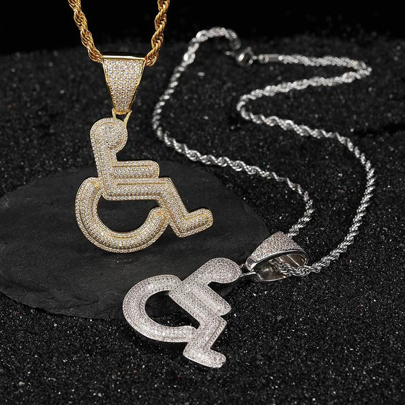 Hip Hop 3A+ CZ Stone Paved Bling Iced Out Disability Sign Wheelchair Pendants Necklace for Men Rapper Jewelry Gold Silver Color