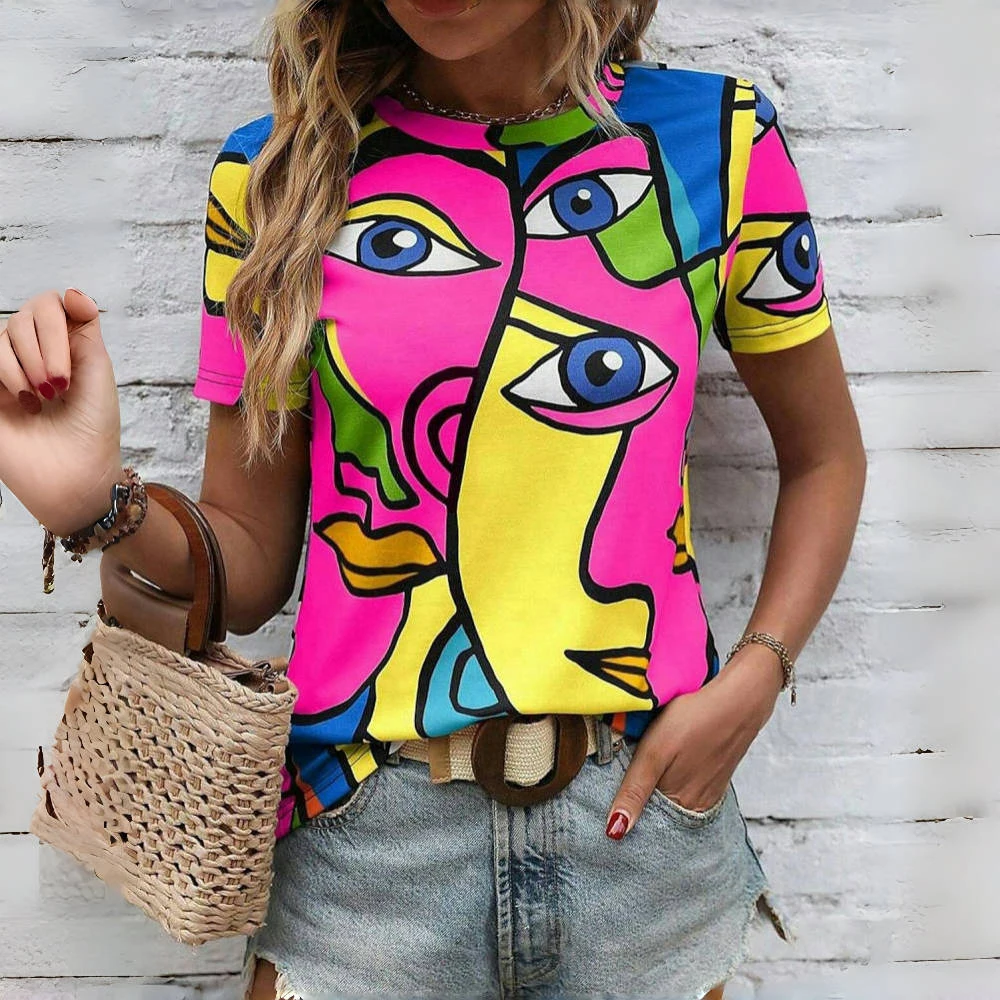 Abstract Face Fashion Street Short Sleeves T shirts Modern Cubism Art Women's T-shirts Summer Loose Women Clothing Pullover