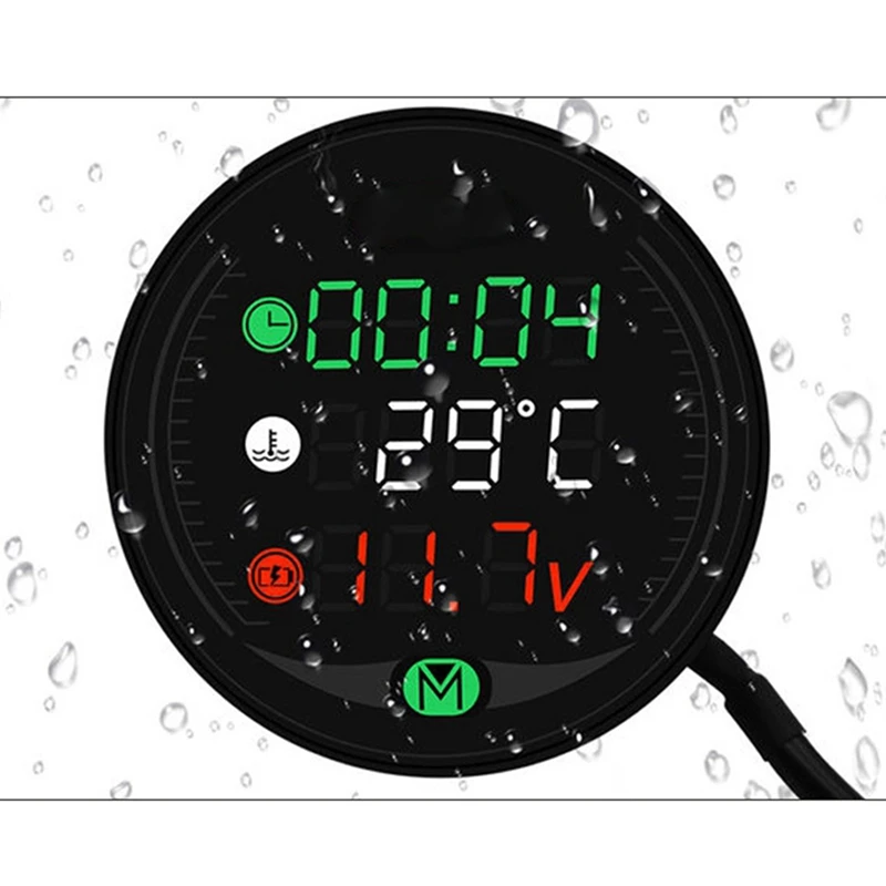 2X 5 In 1 Motorcycle Water Temperature USB Rechargeable Time Voltmeter LED Night Vision Meter With Temperature Sensor