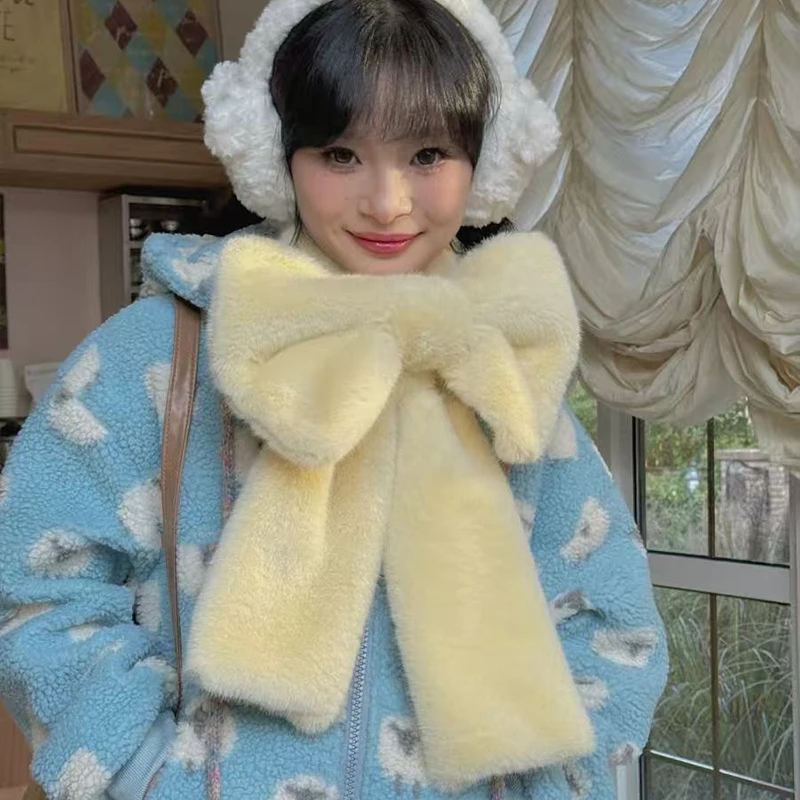 الخريف الشتاء الفتيات أفخم كبير القوس وشاح Ins الفتيات الكورية شعر وشاح لطيف الحلو بلون الباردة حماية وشاح دافئ جديد