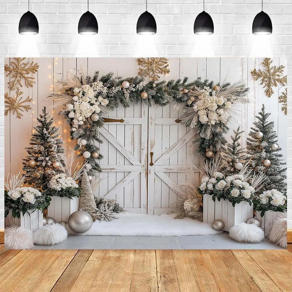 

Christmas Backdrop Winter Wooden Door Kids Adult Child Baby Photocall Props Christmas Wreath Snowy Farm Photography Backgrounds