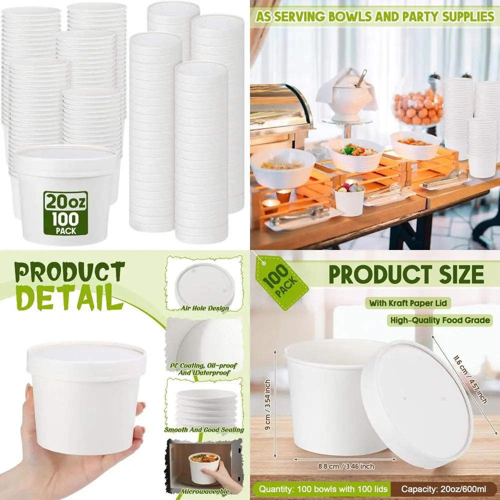 

Disposable 20 oz White Paper Soup Containers with Vented Lids for Ice Cream, Cake, Desserts, and Microwave Use