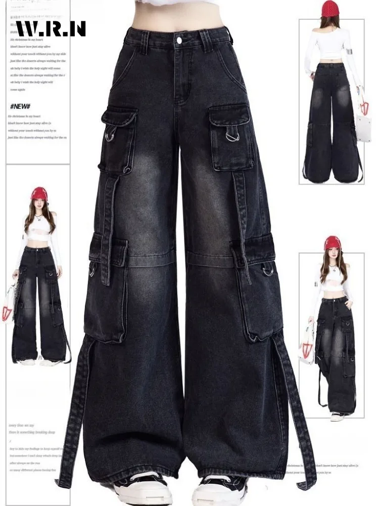 

American Retro Grunge Street Belted Jean Full Length Hip-hop Baggy Mop Pants Women's Casual Y2K Washed Emo Denim Trouser
