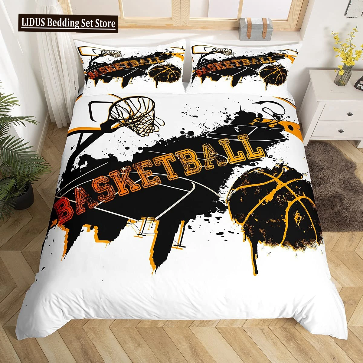 

Basketball Duvet Cover Set Queen,Sports Gaming Comforter Cover For Boys Girls,Black Graffiti Bedding Set Sports Bedspread Cover