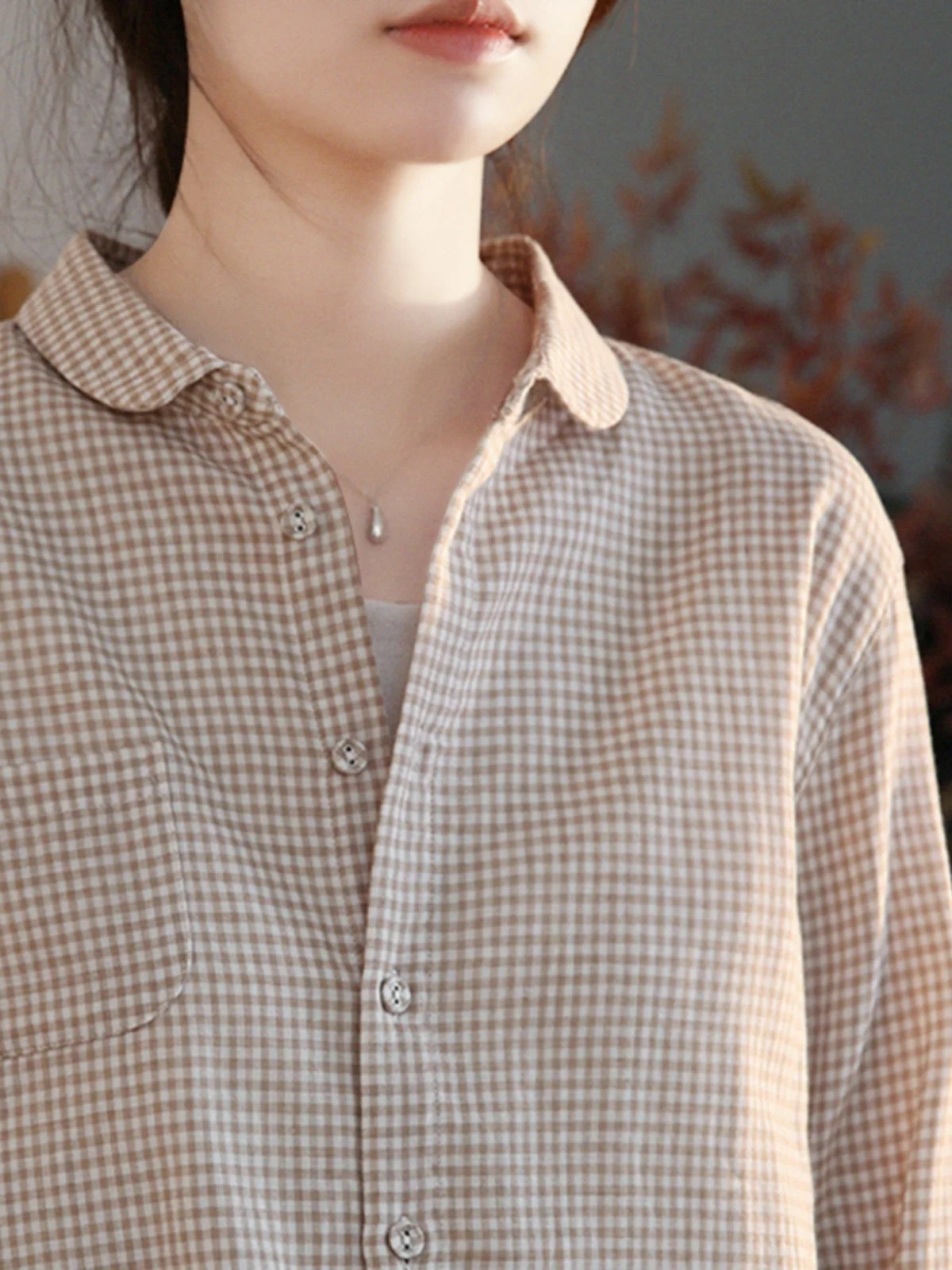 

Женский свободный утягивающий длинный топ в клетку из хлопка в стиле ретро в японском стиле, топ на пуговицах с отложным воротником и пуговицами для поездок на работу