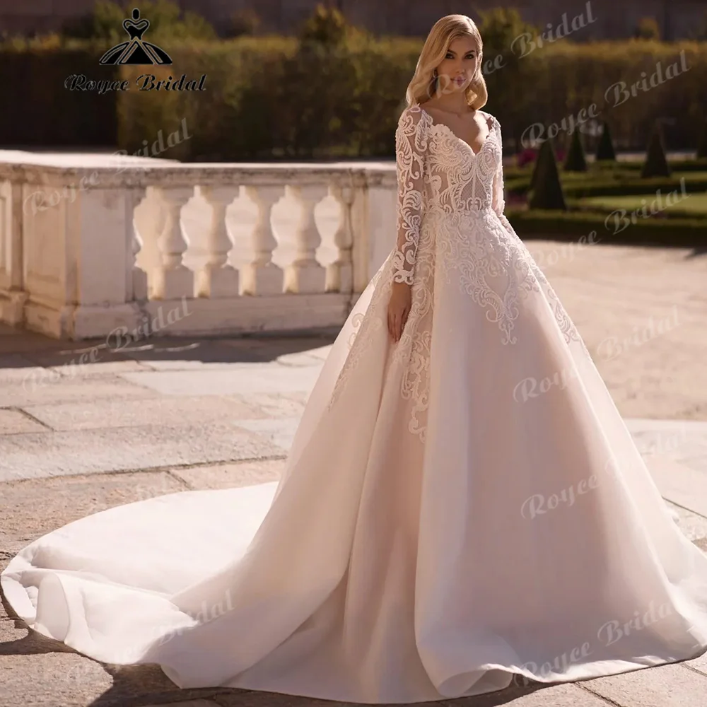 Long Sleeve V Neck Ball Gown Wedding Dress Vintage Scroll Lace Organza Illusion Sleeve Corset Bodice Vestido De Novia Customized
