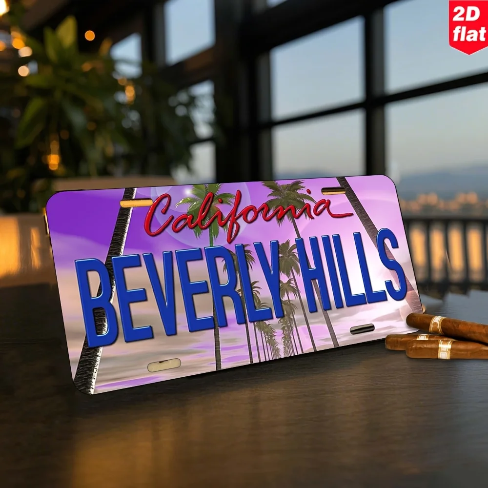 Vintage California Beverly Hills Palm Trees License Plate 2D Flat Aluminum Tin Sign Wall Art Decor for Garage Bar Man Cave and C