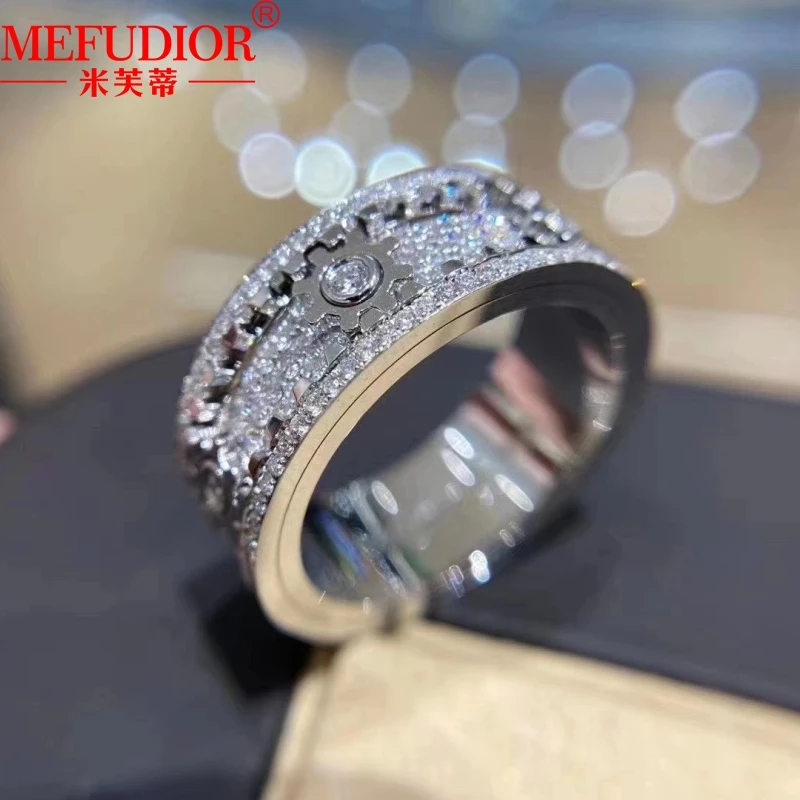 S925 Sterling Silver Moissanite Gear Rings Women and Men‘s Sparkling Full Diamond Rotatable Wedding Band Customized Jewelry Gift