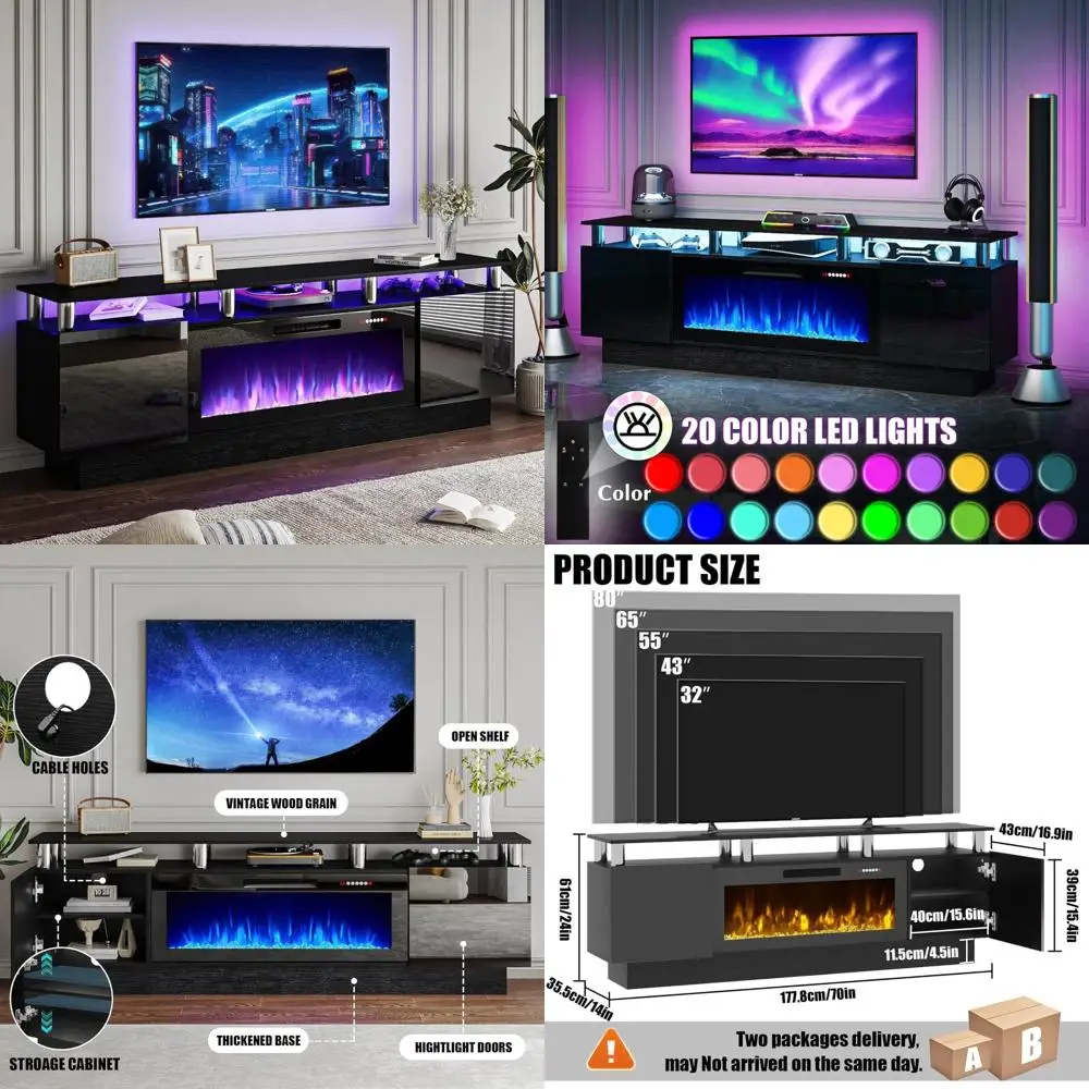 Modern 70 Fireplace TV Stand with 36 Electric Insert, High-Gloss Luxury LED Entertainment Center for TVs up to 80