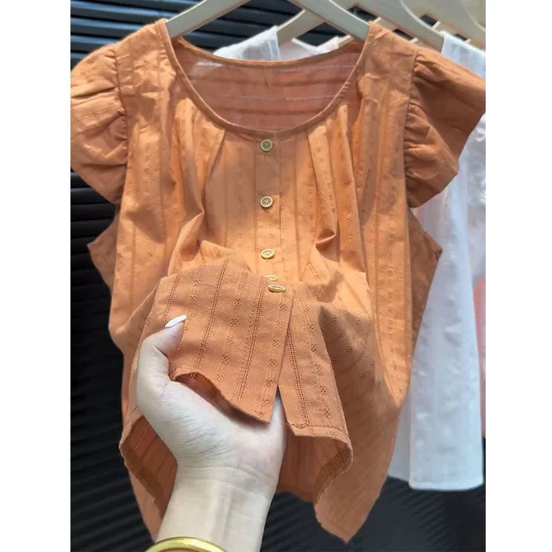 Women's Summer New Sle Hook Flower Hollow out round Ne Fly Sve irt ort Loose Slimming Casual Top Sweet Sle