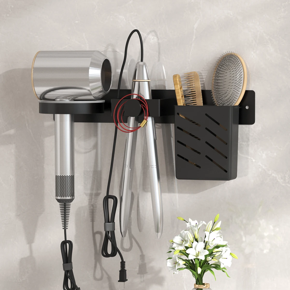 Space saving hair dryer rack, non drilling bathroom organizer for hair dryers, combs, and styling tools, with drainage design