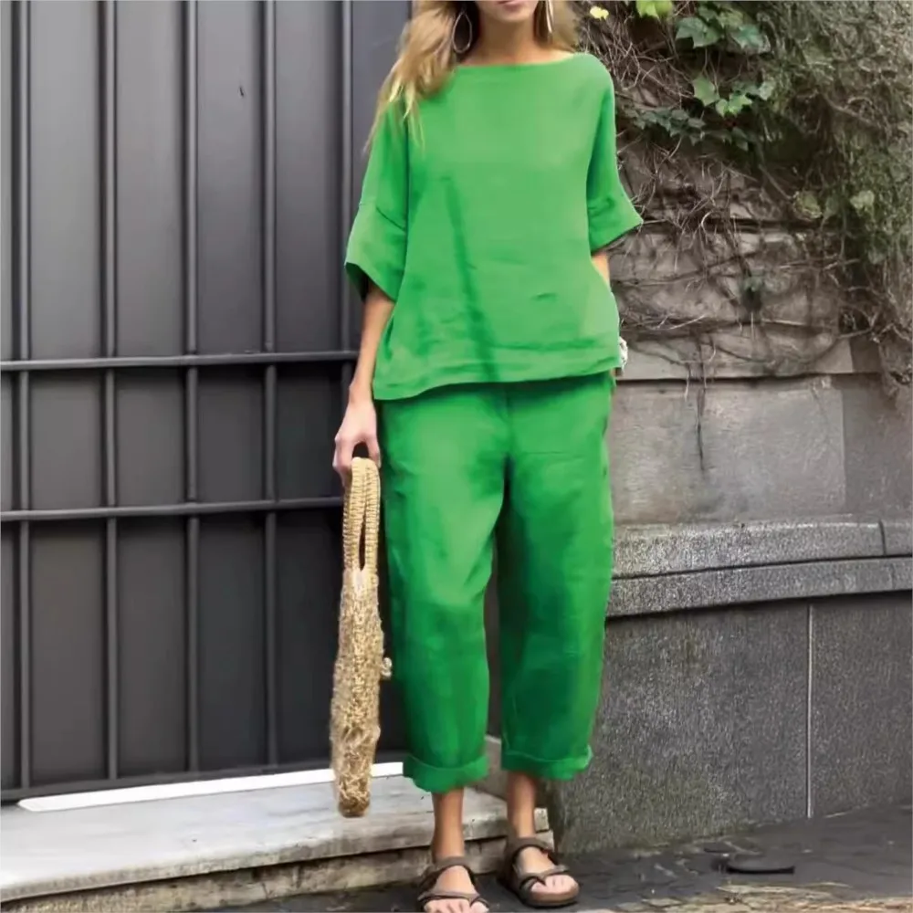 Conjunto de 2 piezas de algodón y lino para mujer, traje de camisa de manga de siete cuartos con cuello redondo, pantalones de Color sólido Retro