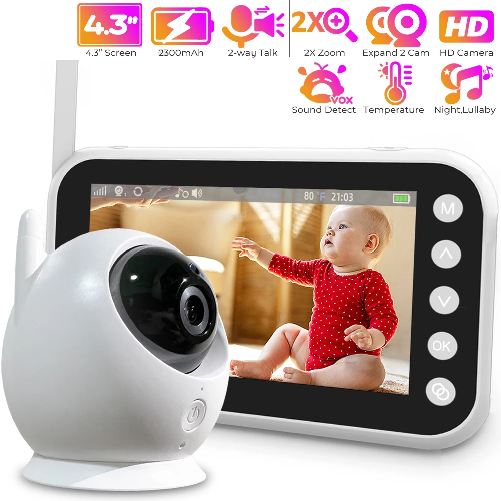 

4.3" LCD Screen Portable Baby Monitor with Camera Two-way Talk Night Vision Baby Phone 1000ft Long Range No WiFi Nanny Monitors