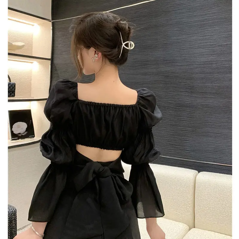 French Fashion Black Flare Sleeve Shirt Women's Spring 2024 New Square Neck Bow Waist Shorted Top Trendy Female Clothing