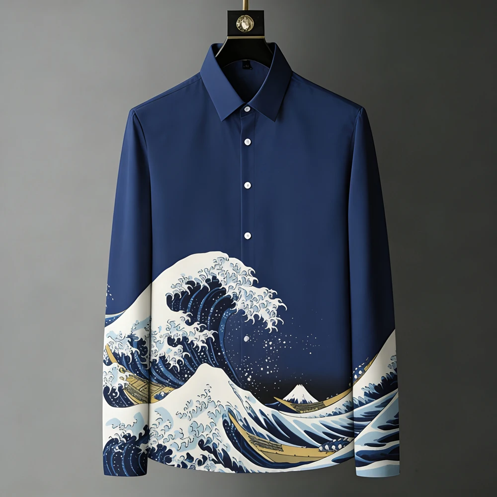 الرجال الخفيفة الفاخرة الريف الأمريكي ثلاثية الأبعاد قميص مطبوع كم طويل التلبيب زر هاواي شاطئ قميص في الهواء الطلق حفلة الرجال