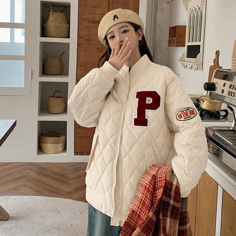 

Streetwear Letter Embroidery Parkas Women Zipper Up Thick Cotton Jackets Woman Autumn Winter Mix Color O-Neck Warm Coats Lady