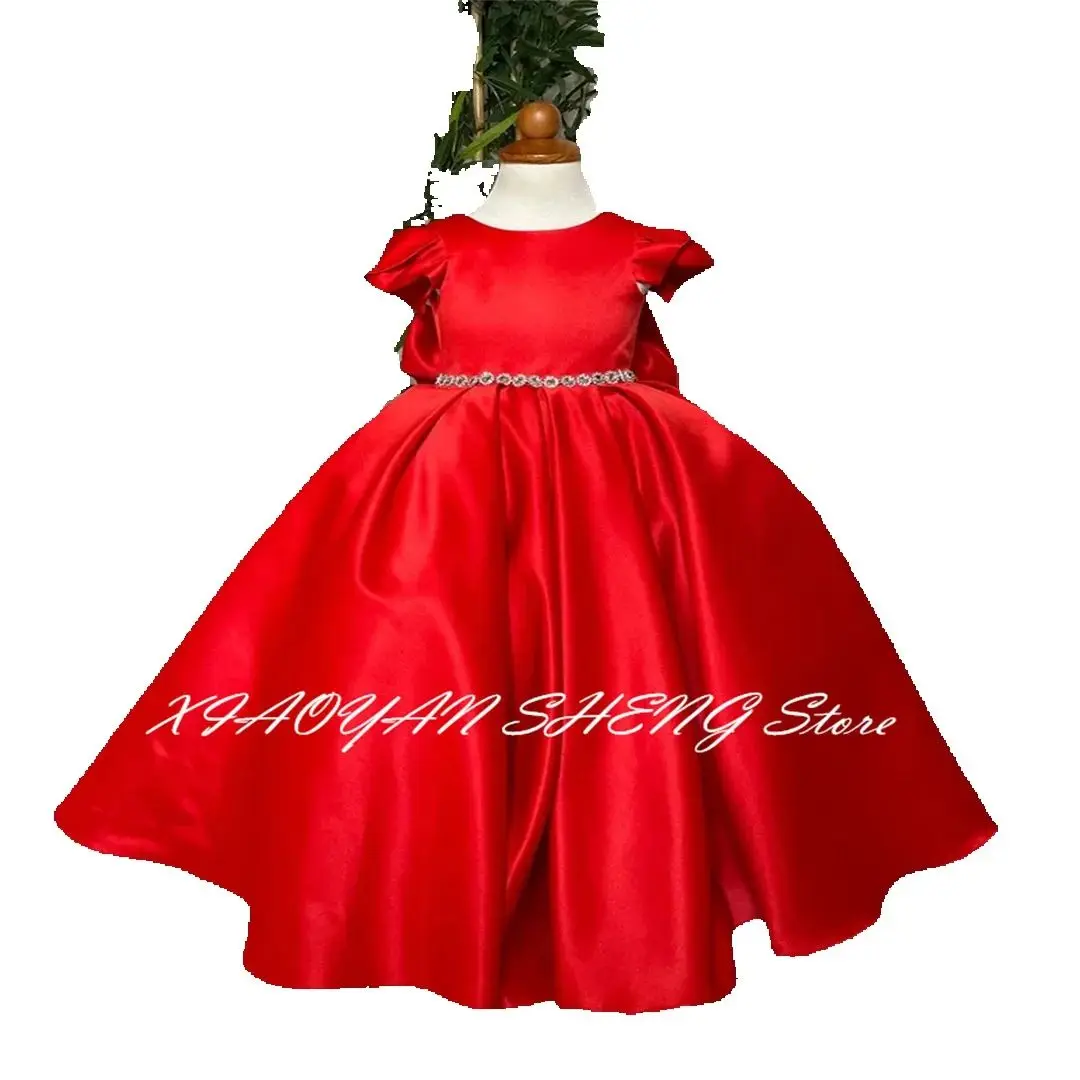 Red/White Satin Flower Girl Dress Wedding Princess Short Sleeve Elegant Birthday Party Formal Occassion Baby Kids Ball Gown