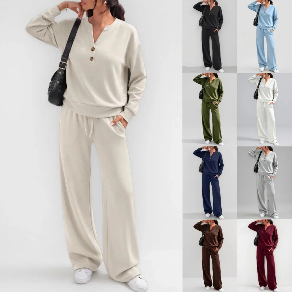 Long Sleeve Casual Set Long Pants Japanese and Korean Casual with Loose Fit Spring Full Length Button Front Women Matching Sets