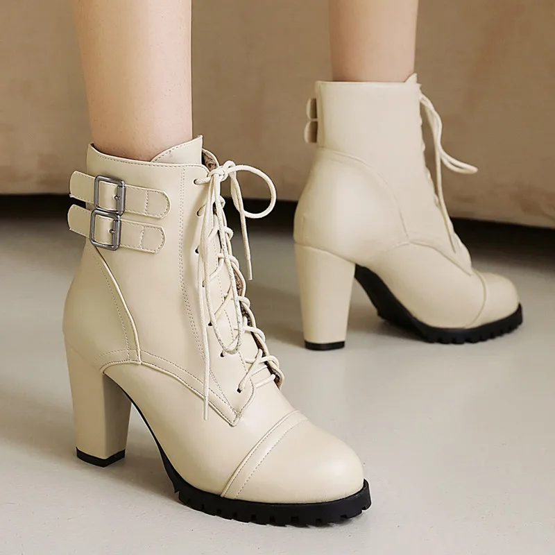 Lace-up Women\'s Ankle Boots Short Shoes Fashion Ankle Boot Buckle Pink Heels Yellow Black Rose Autumn Winter Large Size 48 45
