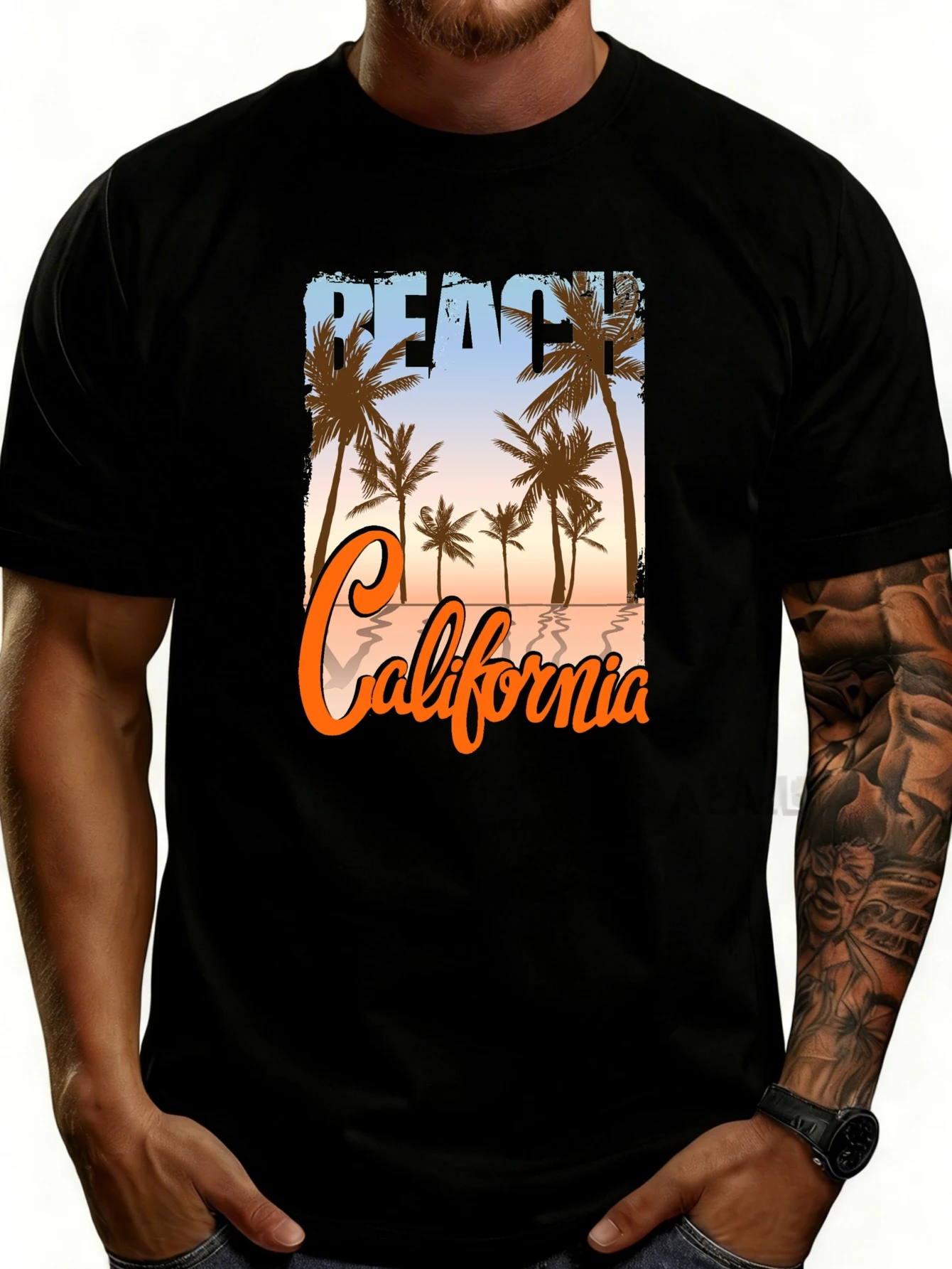 Casual Summer Style Men's T-Shirt with California Palm Tree Sunset Design, Perfect for Vacations and Warm Weather, an Ideal Gift for Travel Enthusiasts and Beach Lovers.